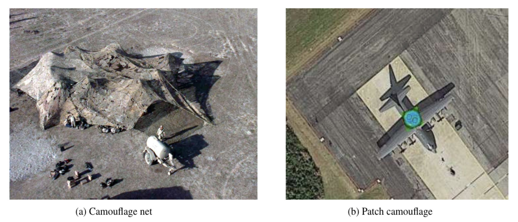 An adversarial patch camouflage designed to reduce detection of vehicles in aerial imagery