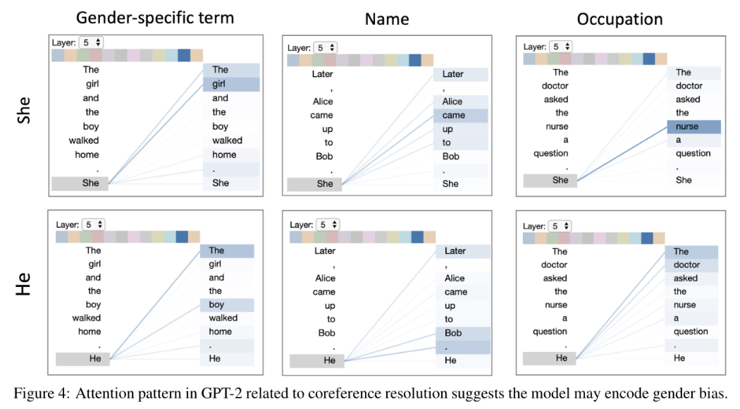Grid of six BertViz plots showing GPT-2 attention from the pronouns 'She' and 'He' to gender-specific terms, names, and occupation words, with 'nurse' and 'doctor' receiving different attention weight depending on the pronoun